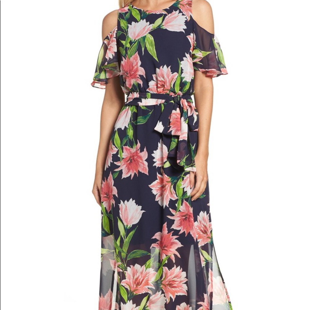 Eliza J floral cold shoulder gown